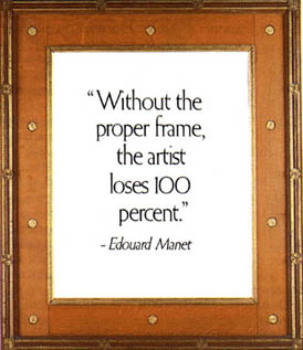 A carved Pre-Raphaelite style English frame with quote: 'Without the proper frame, the artist loses 100 percent.' - Edouard Manet